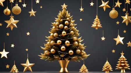Golden Christmas tree on a black background. 3D illustration, 3D rendering.の写真素材