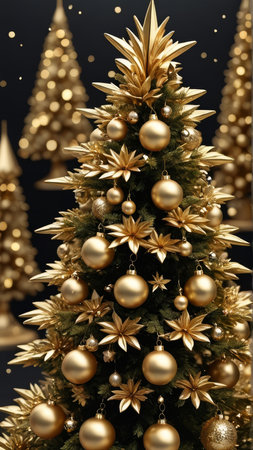 Decorated Christmas tree with golden balls and tinsel on black backgroundの写真素材