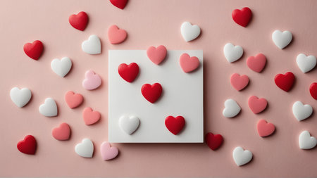 Valentine's day background with red and white hearts on pink background