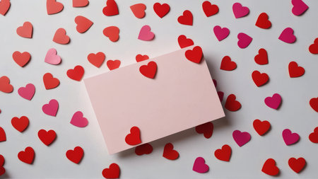 Valentine's day background with red hearts and pink card.