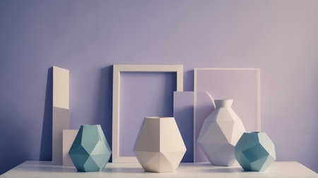 Minimalist still life with vases and photo frames. 3D renderingの写真素材