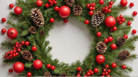 Christmas wreath with red baubles and pine cones on white backgroundの写真素材
