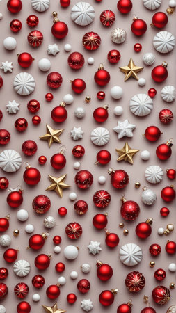 Christmas background. Red and white christmas balls on white background. Flat lay, top view.