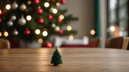 Christmas tree on wooden table in living room with bokeh background