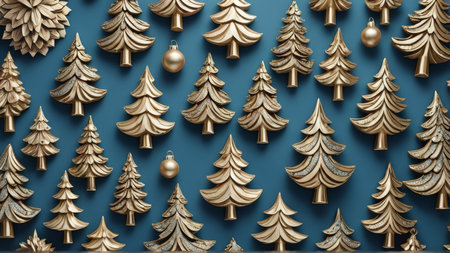 Christmas background with golden pine trees and baubles on blue background.の写真素材