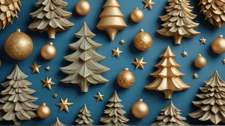 Christmas background with golden and silver christmas tree decorations on blue backgroundの写真素材