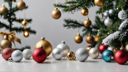 Christmas tree with baubles and garlands on white table, closeup