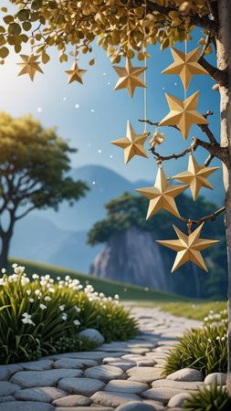 Golden star hanging on a tree in the garden. 3d renderingの写真素材