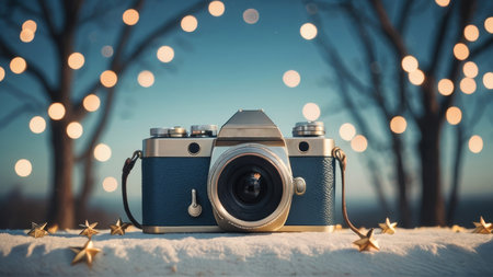 Retro camera on snow with bokeh background. Christmas and New Year concept