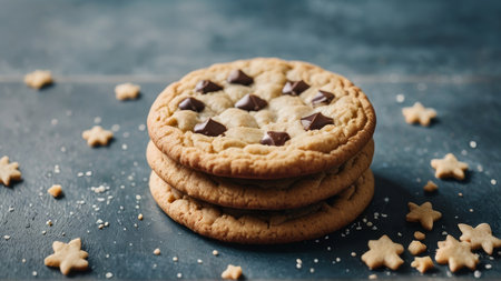 Chocolate cookies on a black background, top view, copy space