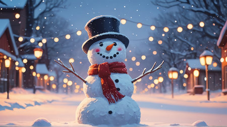 Snowman with hat and scarf in winter city. 3D renderingの写真素材