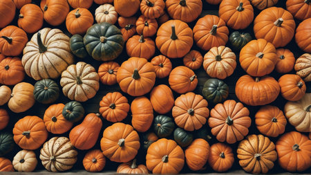 Colorful pumpkins background, top view. Autumn harvest concept.の写真素材