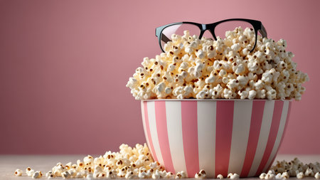 3D glasses with popcorn on pink background, top view. Cinema conceptの写真素材