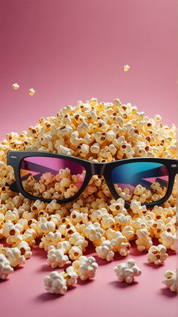 Popcorn and 3d glasses on pink background, top view. Cinema concept