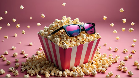 Popcorn scattered on pink background, top view. Popcorn patternの写真素材