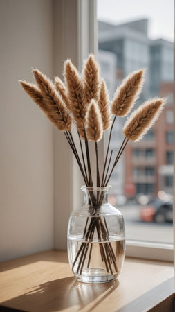 Bouquet of dry pampas grass in glass vase on windowsillの写真素材