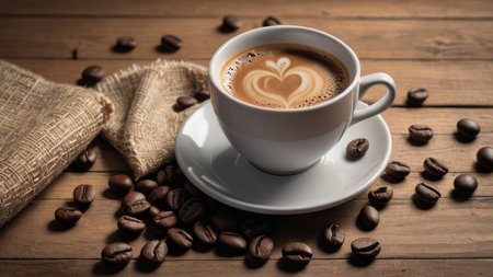Coffee cup and coffee beans on a wooden table background.