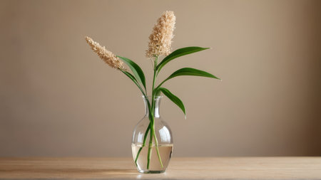 Bouquet of reeds in glass vase on wooden tableの写真素材