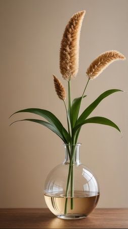 Bouquet of pampas grass in vase on wooden tableの写真素材