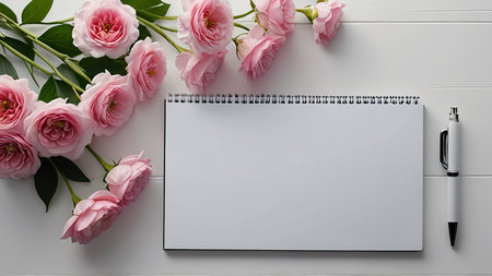 Blank notebook and pink roses on white wooden table, top viewの写真素材