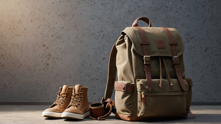 Stylish backpack, shoes and bag on wooden floor. Space for textの写真素材