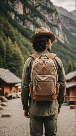 Back view of young man with backpack standing in front of mountain hut