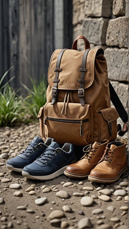 Pair of shoes and a backpack on the ground, outdoor shot