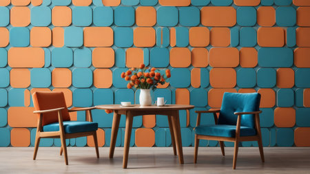 Interior of modern living room with blue and orange color brick wall