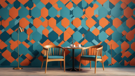 Interior of modern dining room with blue and orange wallpaper. 3d renderの写真素材