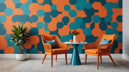 Interior of modern living room with orange and blue armchairs and coffee tableの写真素材