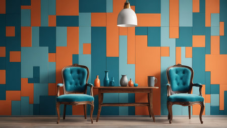 Interior of modern living room with blue and orange wallpaper. 3d render