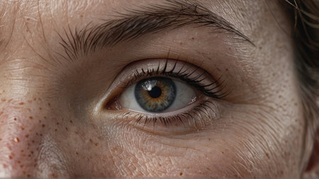 Close up of a woman's blue eye with long eyelashes.の写真素材