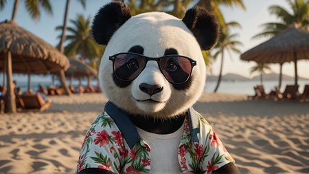 Cute panda in sunglasses on the beach with palm trees.の写真素材
