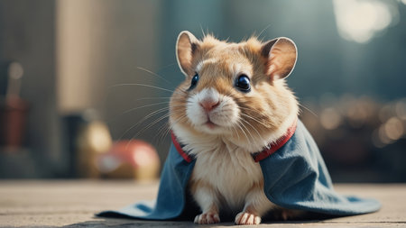 Cute hamster wearing a blue cape on a wooden floor.の写真素材