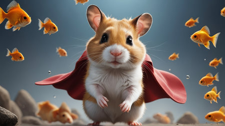 Funny hamster with red cloak and goldfish on gray backgroundの写真素材