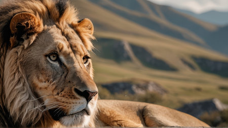 Lion in the wild, Maasai Mara National Park, Kenyaの写真素材
