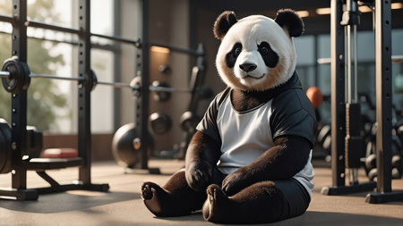 cheerful panda in sportswear sitting on floor in gymの写真素材