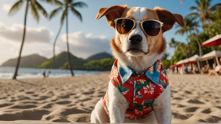 Dog with sunglasses on tropical beach. Jack Russell Terrier in sunglasses on the background of palm trees.の写真素材