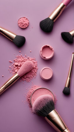 Make-up brushes and cosmetic powder on purple background, top viewの写真素材
