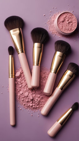 Makeup brushes and cosmetic powder on purple background. Top view.
