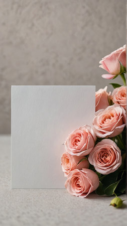 Beautiful pink roses with blank card on concrete background, copy spaceの写真素材