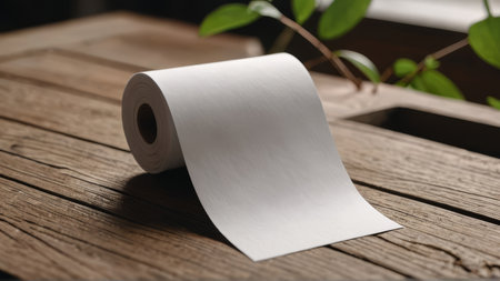 Toilet paper on a wooden table with green leaves, close upの写真素材