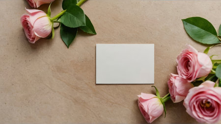 Blank white business card and pink roses on a beige backgroundの写真素材