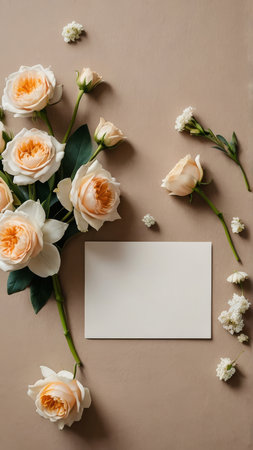 Flowers composition. Frame made of white roses and blank card on beige background. Flat lay, top view, copy spaceの写真素材