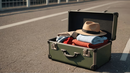 Open suitcase with clothes on the road. Travel and vacation concept.