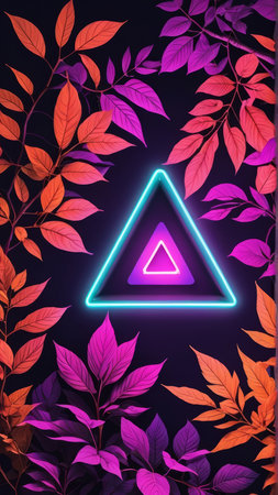 Neon signboard with leaves. Dark background. Vector illustration.