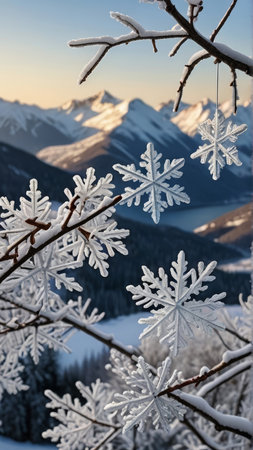 Snowflakes on the branches of a tree against the backdrop of mountainsの写真素材