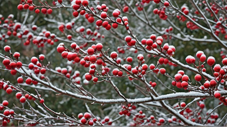 Red berries of hawthorn covered with hoarfrost in winter