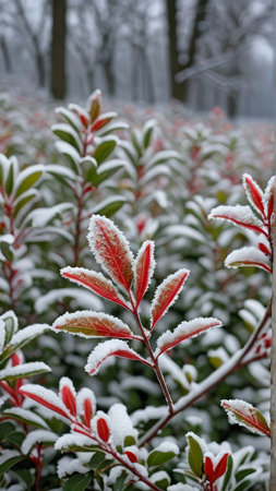 Frosted leaves of a bush in the winter in the parkの写真素材