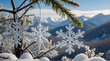 Snowflakes on the background of the mountains. Winter landscape.